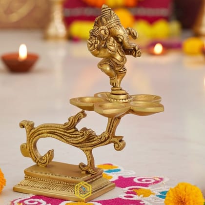 Brass Table Decor Ganesha Oil Lamp Deepak 5 Wicks  - Devotional Deepak for Home Mandir, Height : 7.2 Inch (BSMAS1175 A)