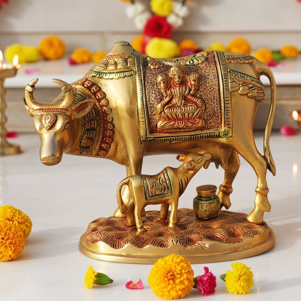 Brass Cow & Calf Idol - Sacred Kamdhenu Showpiece, Height : 6.5 Inch (BSMAS1012 C)