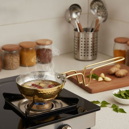 Pure Brass Tadka Pan | Handmade Small Brass Tempering Pan for Dal, Curry & Traditional Indian Seasoning (BCMAS203 C)