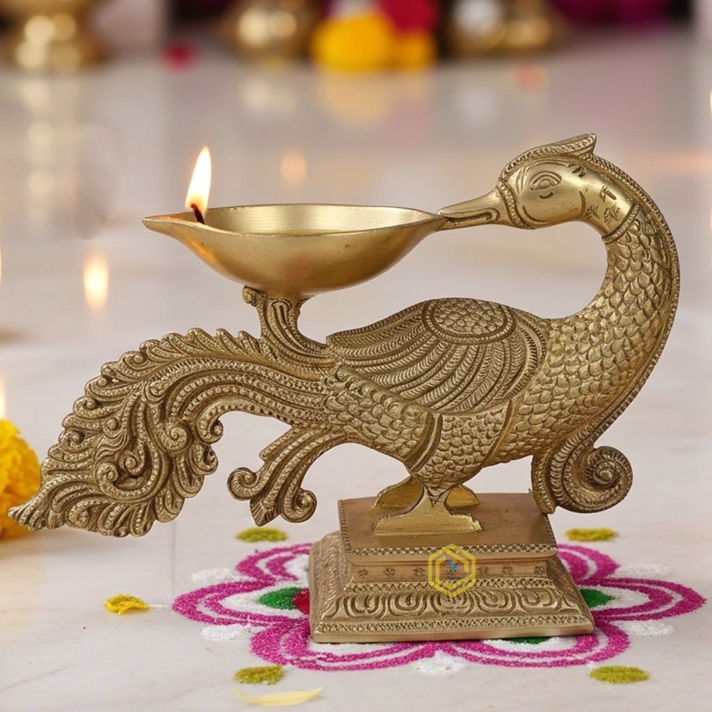 Brass Peacock Diya Jyoti Deepak Oil Lamp 1 Wicks - Decorative Brass Deepak for Worship, Height : 5 Inch (BSMAS1183 A)