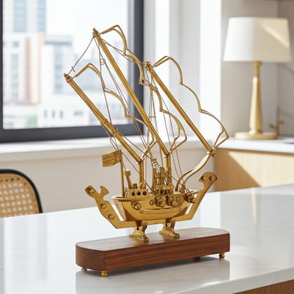 Handcrafted Brass Ship Model for Home Decor with Wooden Base, Height : 12 Inch (MRMAS128 A)