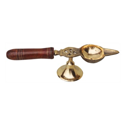 Brass Table Decor Oil Lamp Deepak With Wooden Handle  - Durable Puja Deepak, Height : 1.8 Inch (FMAS363 D)