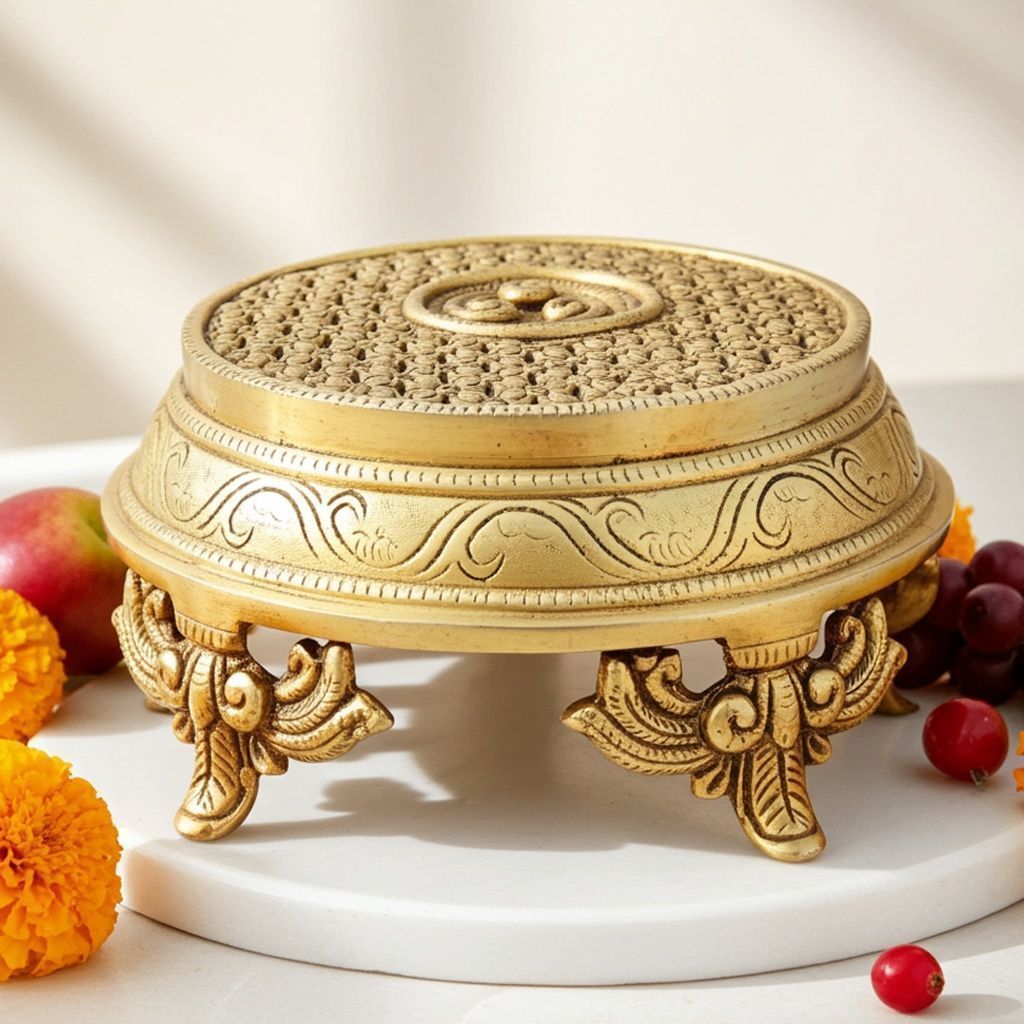 Brass Round Chowki God Idol Statue Stand - Handcrafted Showpiece, Length : 6.5 Inch (BSMAS1675 F)