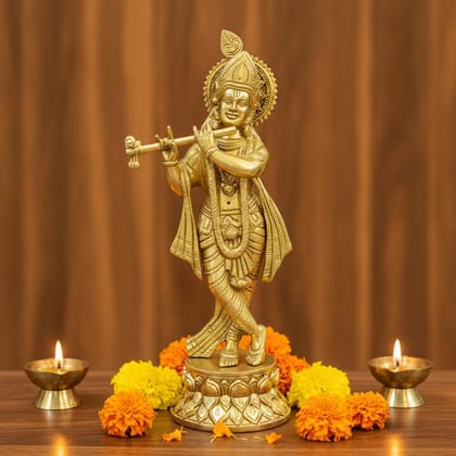 Brass Krishna Ji Idol Statue | Lord Krishna Murti | Hindu God Idol for Home Temple & Gifting, Height : 12 Inch (BSMAS1949 K)
