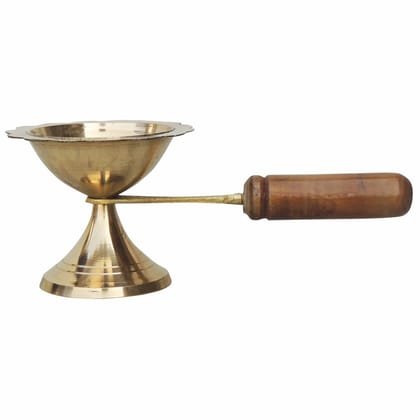 Brass Table Decor Oil Lamp Deepak With Wooden Handle  - Handcrafted Brass Diya, Height : 2.3 Inch (FMAS627 C)