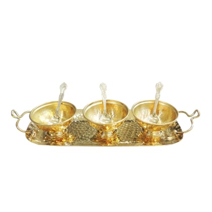 Brass 3 Bowl Set with Tray | Brass Katori Set | Decorative Brass Serving Bowl Gift Set in Velvet Box, Height : 2.5 Inch (BMAS317 B)