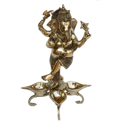 Brass Dancing Ganesha Oil Lamp Deepak 4 Wicks  - Devotional Puja Deepak, Height : 13 Inch (BSMAS1186 A)