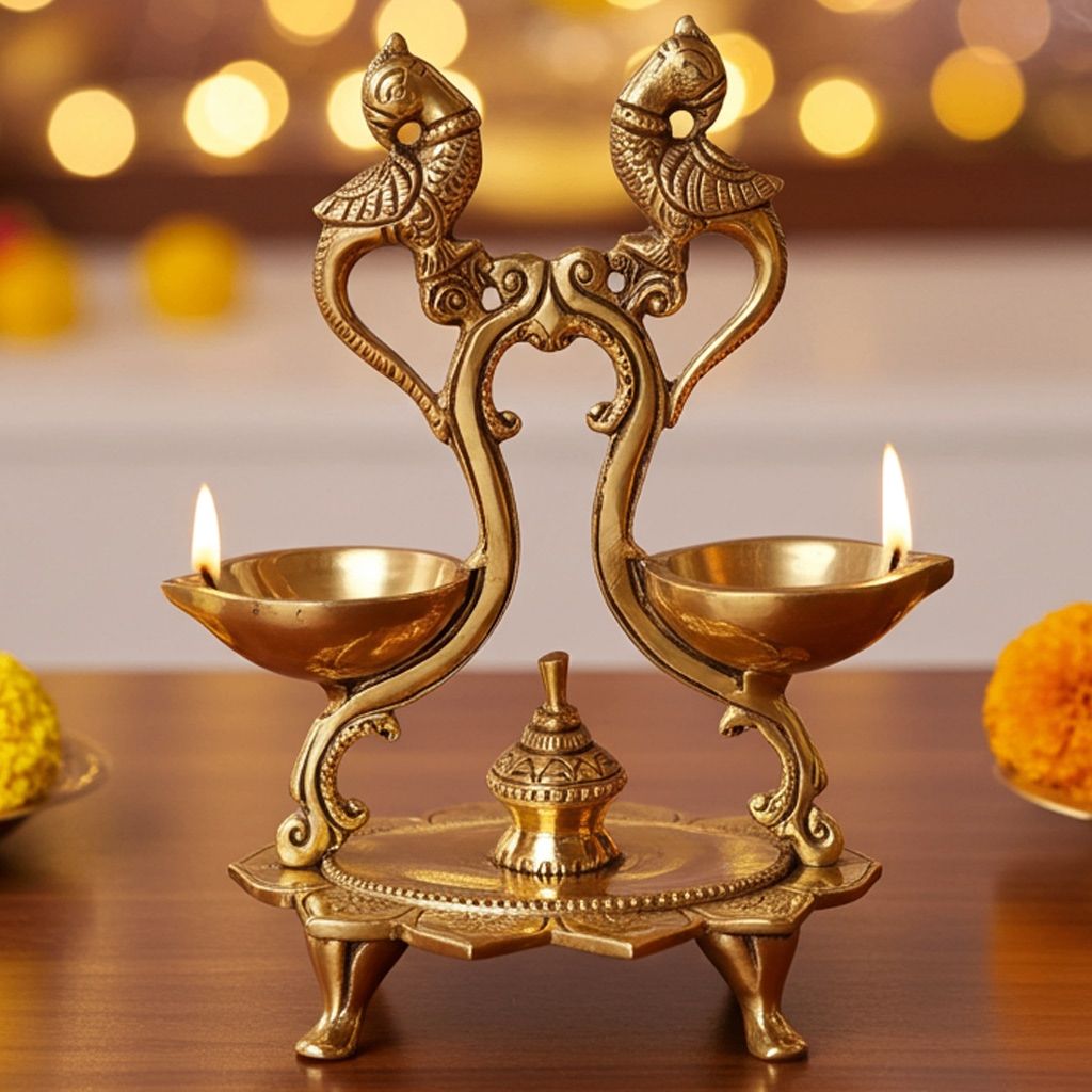 Brass Peacock Diya Jyoti Deepak Oil Lamp 2 Wicks  - Traditional Oil Lamp for Temple & Home, Height : 7.2 Inch (BSMAS1159 A)
