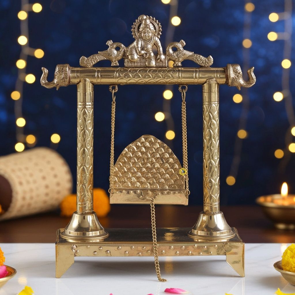 Brass Laddu Gopal Jhula for Home Temple � Puja Swing Showpiece, Height : 15.8 Inch (ASMAS227 C)
