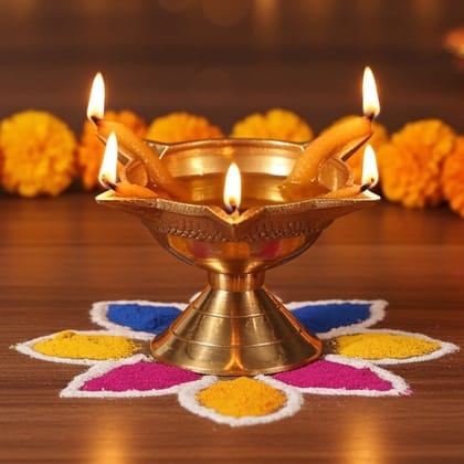 Brass Table Decor Oil Lamp Deepak 4 Wicks  - Traditional Brass Diya for Aarti, Height : 1.5 Inch (FMAS633 B)