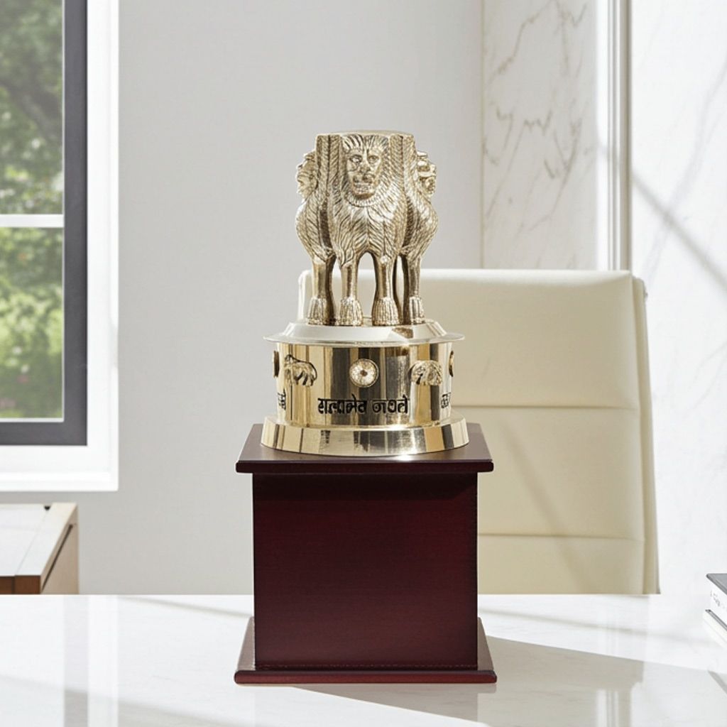 Brass Ashok Lath Statue on Wooden Base – Luxury Office Decor Showpiece, Height : 16 Inch (FMAS720 J)