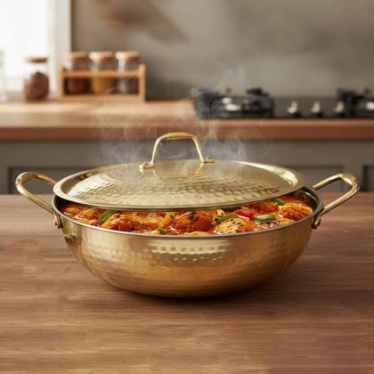 Pure Brass Kadhai with Handle | Heavy Duty Handmade Brass Wok for Frying & Traditional Cooking (BCMAS206 D)